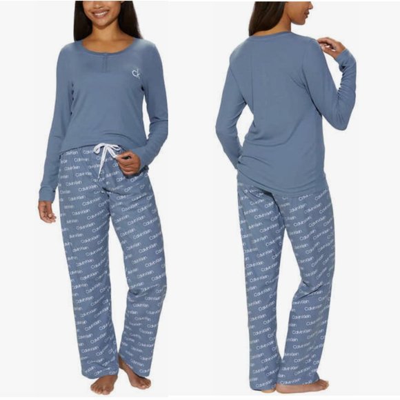 Calvin Klein Logo Cozy Fleece 2 pc Pajamas, Blue L NWT - Picture 2 of 8